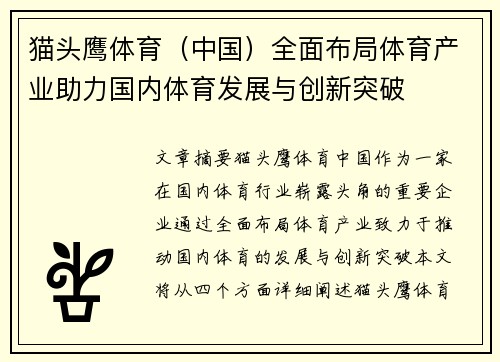 猫头鹰体育（中国）全面布局体育产业助力国内体育发展与创新突破