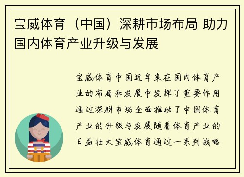 宝威体育（中国）深耕市场布局 助力国内体育产业升级与发展
